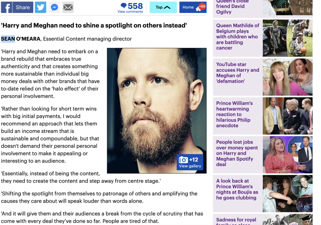 Daily Mail article featuring Sean O'Meara of Essential Content, quoted as a PR expert. 