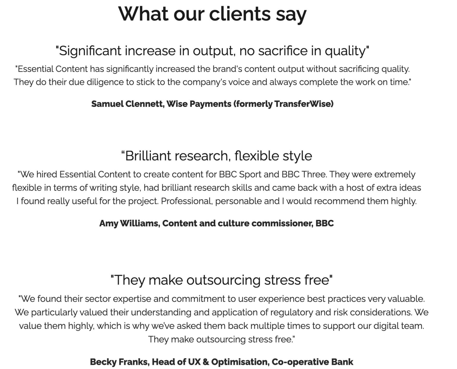 Image showing positive client testimonials from Wise.com, Co-operative Bank and BBC